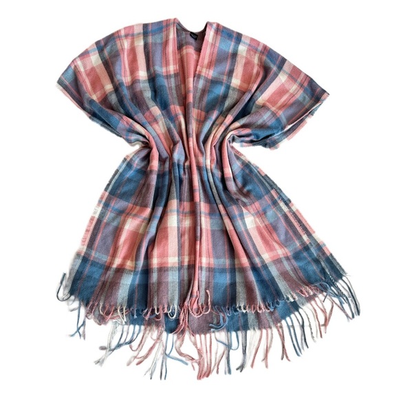 Jackets & Blazers - PONCHO ~ Women’s Plaid Pink and Blue and White One Size Fits All